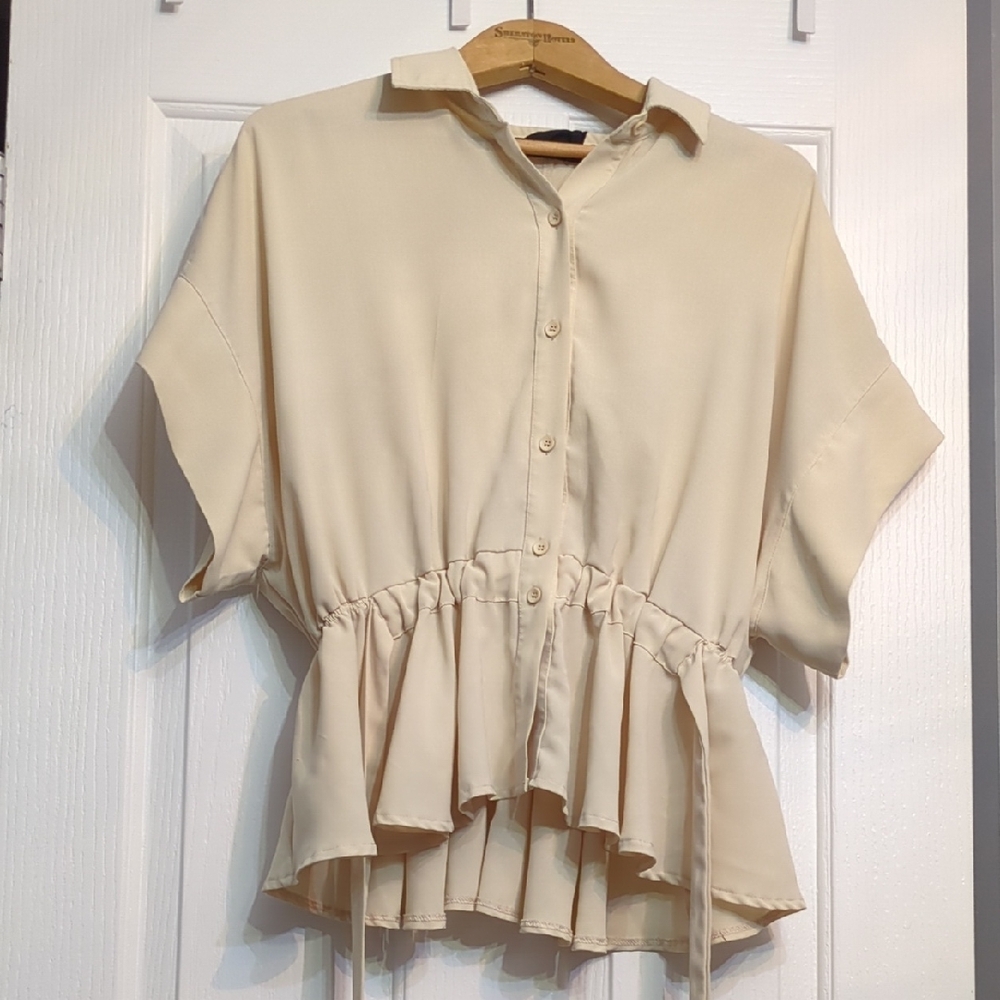 Cream Dolman Sleeve Peplum Button Down Top
